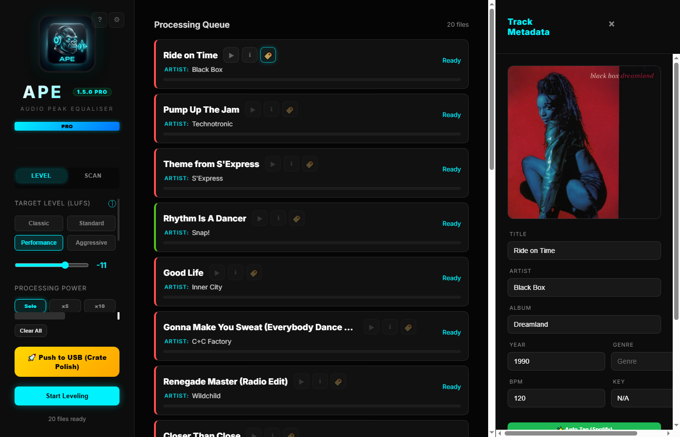APE Pro dashboard showing MP3 health, loudness, metadata and duplicate checks